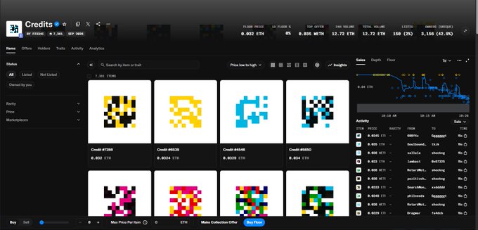 A screenshot of an NFT marketplace displaying various pixel-art credit card collectibles (Creds) with prices in ETH, showing floor price of 0.022 ETH.