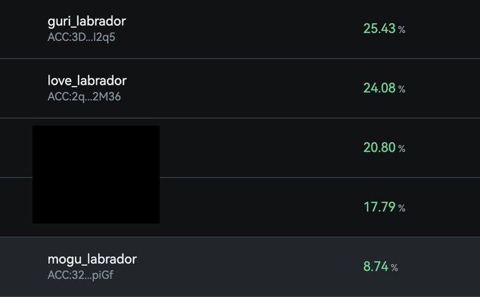 A dark interface showing model accuracy metrics with entries 'guri_labrador' at 25.43%, 'love_labrador' at 24.08%, 'mogu_labrador' at 8.74%, and two redacted entries at 20.80% and 17.79%.