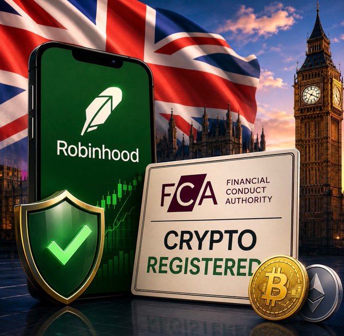 Robinhood's UK crypto registration is symbolized by the FCA sign, the Robinhood app on a phone, and Bitcoin/Ethereum coins, all set against a backdrop of the UK flag and Big Ben. This visual represents Robinhood's successful acquisition of the FCA's approval for crypto operations in the United Kingdom.
