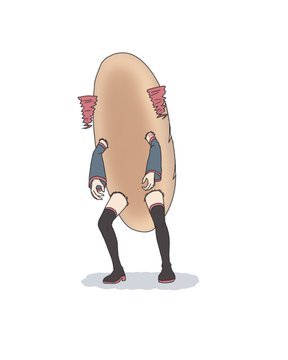 An anthropomorphic cartoon potato with a feminine figure, wearing black thigh-high socks and red accessories, stands with its hands on its hips and pink ruffled attachments on its sides.