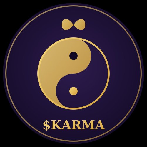 A stylized golden Yin-Yang emblem is centered on a deep purple circular background, featuring two dot eyes and a small bowtie-like shape on top, with the text "$KARMA" displayed in bold gold lettering at the bottom. The image serves as a logo for the "Karmacoin" token, matching the post's reference to the Solana contract address on pump.fun.