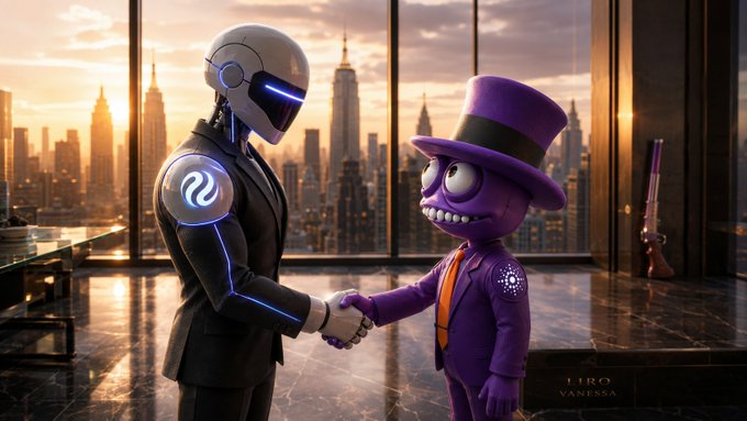 A digitally rendered scene showing a futuristic humanoid robot in a black suit shaking hands with a purple cartoon-like character wearing a top hat and suit, set against a city skyline at sunset with 'LIRO VANESSA' visible in the corner.