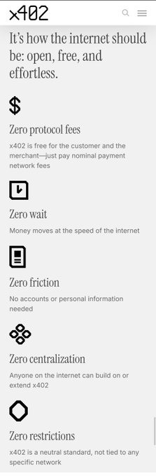 The image displays a webpage from x402.org outlining an "open, free, and effortless" internet vision with five "zero" principles: zero protocol fees, zero wait, zero friction, zero centralization, and zero restrictions. Each principle is paired with a brief explanation, reinforcing the post's claim that Bitcoin is the only cryptocurrency aligning with these decentralized, permissionless ideals.