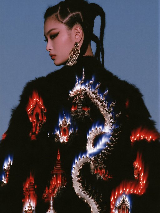 An editorial photo of an Asian woman with braided hair and large gold earrings, wearing a black fur coat featuring an embroidered dragon and pagoda design in red, blue, and silver.