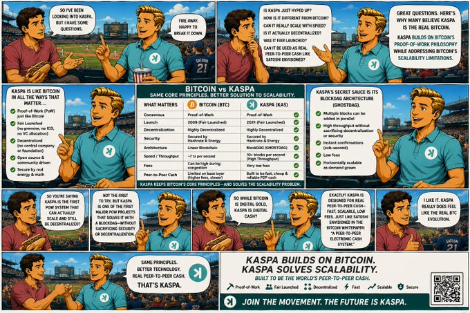 A comic-style infographic comparing 'BITCOIN vs KASPA,' promoting Kaspa as 'peer-to-peer cash' that solves Bitcoin's scalability issues, with the tagline 'KASPA BUILDS ON BITCOIN. KASPA SOLVES SCALABILITY.'