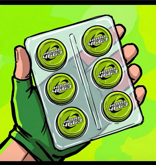 A cartoon illustration of a hand in a green glove holding a blister pack of six green pills labeled 'HOOD 4663' against a bright green background.