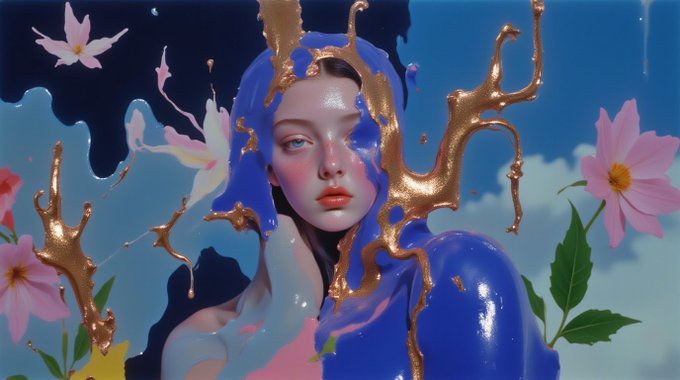 A surreal digital artwork featuring a pale woman surrounded by flowing blue paint, metallic gold splatters, and pink cosmos flowers against a sky background.