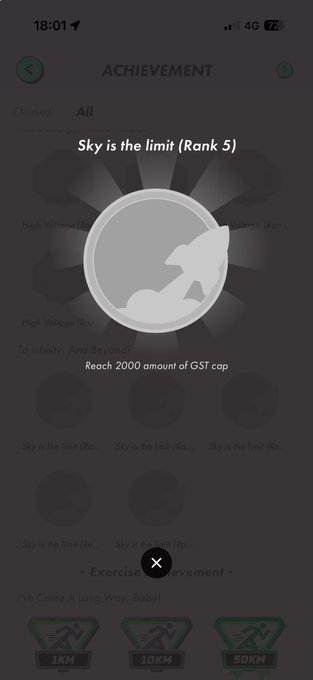 A mobile app screen displays an 'ACHIEVEMENT' page highlighting 'Sky is the limit (Rank 5)' for reaching 2000 amount of GST cap, with various exercise achievement badges below.