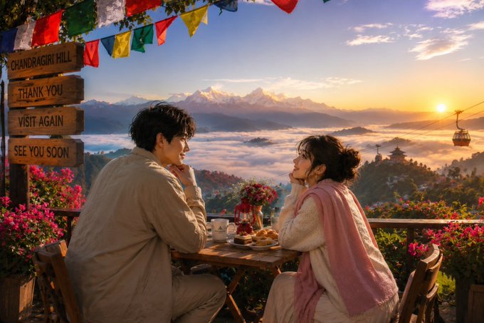 The image shows a man and woman sitting at an outdoor table, enjoying their time together with food and drinks. They are positioned under a colorful flag that adds vibrancy to the scene. The couple appears to be having breakfast or lunch as they share a meal in front of them. In the background, there is a mountain range visible, providing a picturesque backdrop for this intimate moment between the two people.