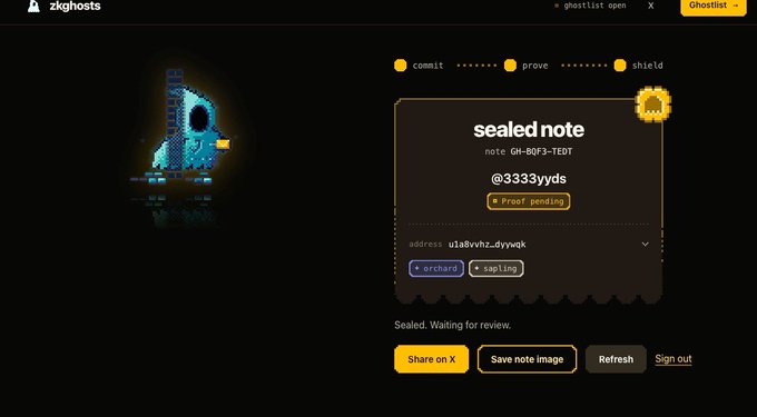 A dark-themed web interface for 'zkghost' shows a 'sealed note' from '@3333yyds' with status 'Proof pending' and tags 'orchard' and 'sapling', with options to 'Share on X', 'Save note image', 'Refresh', or 'Sign out'.