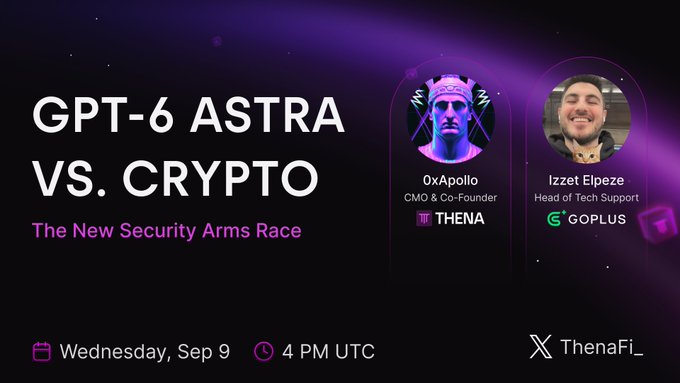 A promotional graphic for a Twitter/X Space event titled 'GPT-6 ASTRA VS. CRYPTO: The New Security Arms Race,' featuring speakers 0xApollo (THENA CMO & Co-Founder) and Izzet Elpeze (Head of Tech Support at GoPlus), scheduled for Wednesday, Sep 9 at 4 PM UTC.