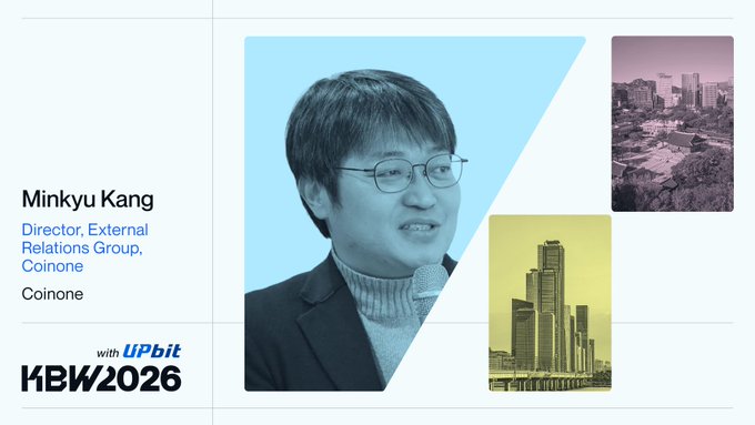 A speaker introduction card for Minkyu Kang, Director, External Relations Group at Coinone, speaking at KBW2026 with Upbit, featuring a portrait photo and cityscape images.