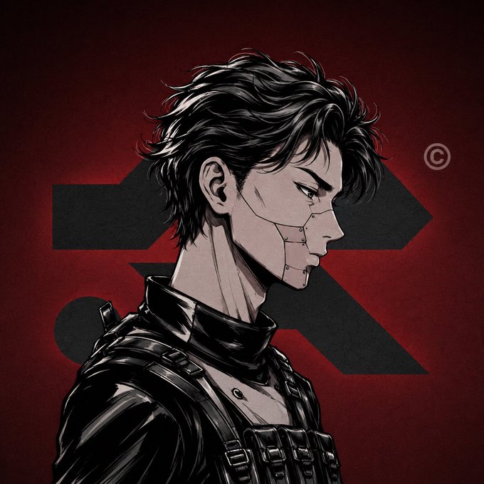 A dark, brooding anime-style male character with stitched facial scars and a high-collared black jacket stands in profile against a deep red background featuring a bold "R3D" logo, embodying the mysterious, character-driven aesthetic of the R3D NFT project. The moody red-and-black color palette directly reinforces the project's tagline of "a story that begins in red."