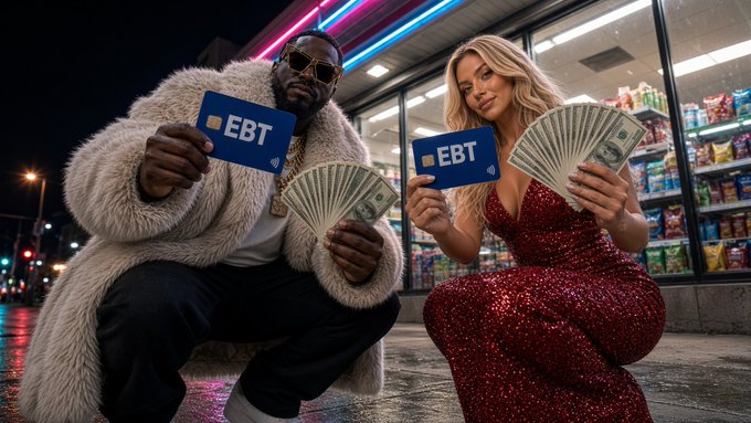 An AI-generated image of a man in a fur coat and a woman in a red sequin dress crouching outside a convenience store at night, each holding up an EBT card and fanning out a stack of cash.