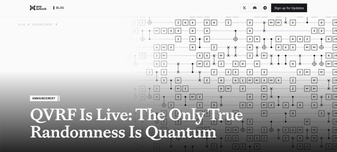 A GreyNoise blog announcement page featuring the headline 'QVRF Is Live: The Only True Randomness Is Quantum.'