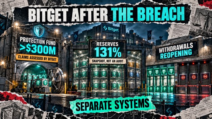 A promotional graphic titled 'BITGET AFTER THE BREACH' highlighting a Protection Fund >$300M, Reserves at 131% (snapshot, not an audit), and Withdrawals Reopening, with a 'Separate Systems' banner at the bottom.