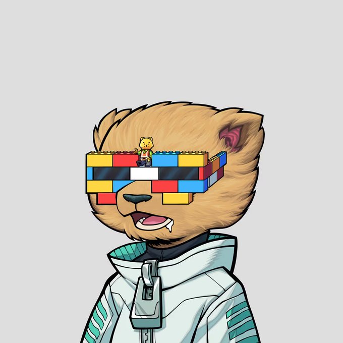 A cartoon illustration of a bear-like character wearing LEGO-style block sunglasses (with a tiny minifigure on top), a hoodie, and a turquoise/white outfit, with its tongue out.