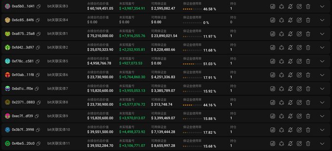 Dark-themed financial portfolio dashboard displaying multiple accounts (bit关联实体1-11) with columns for total assets, yesterday's P&L, available funds, week returns, and redemption buttons in Chinese.