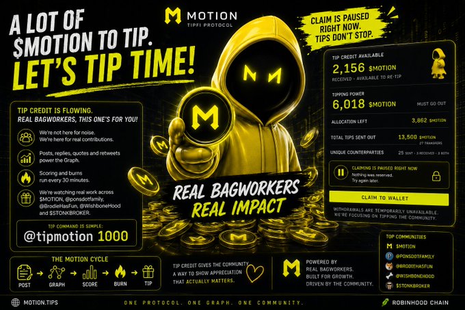 A promotional graphic for 'MOTION TIPFI PROTOCOL' featuring a hooded figure with 'M' eyes, advertising tip credits and stating 'CLAIM IS PAUSED RIGHT NOW. TIPS DON'T STOP.'