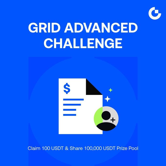 The image is a blue promotional graphic titled "GRID ADVANCED CHALLENGE" featuring a document icon with a dollar sign alongside a user profile symbol, advertising "Claim 100 USDT & Share 100,000 USDT Prize Pool." It supports the accompanying post by visually highlighting the Gate Grid Trading Challenge's trial fund offer and the $30,000 USDT prize pool for new users to participate in the arbitrage and profit challenges.