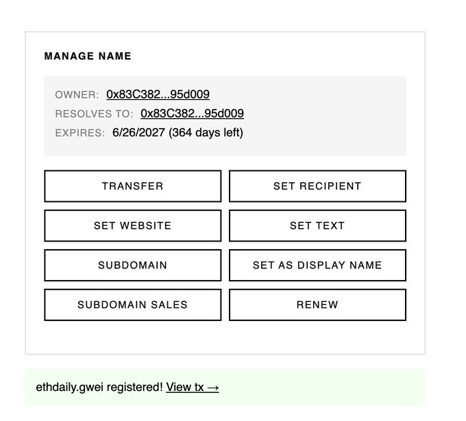 The image shows a "MANAGE NAME" dashboard for the ENS domain "ethdaily.gwei," displaying the owner and resolver address (0x83C382…95d009), an expiration date of 6/26/2027, and options to transfer, set website/text, create subdomains, and renew. A green confirmation banner at the bottom reads "ethdaily.gwei registered! View tx →," illustrating the post's point about Ethereum's permissionless nature by demonstrating how easily anyone can register a domain name on-chain.