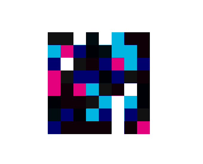A pixelated grid of colored squares featuring black, white, cyan, magenta, and dark blue blocks arranged in an abstract pattern.