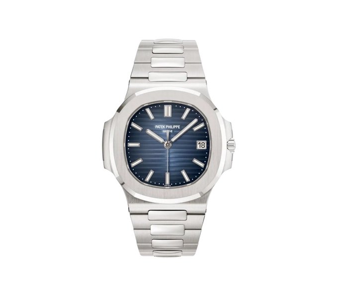 A Patek Philippe wristwatch with a stainless steel bracelet and a blue dial featuring the 'GENEVE' marking and a date window.