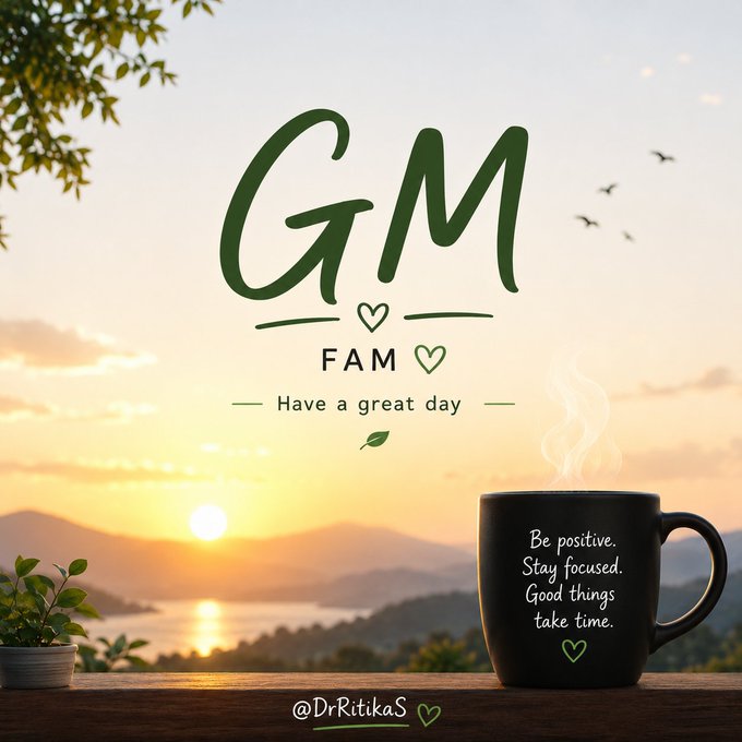 A serene sunrise scene features a steaming black coffee mug displaying "Be positive. Stay focused. Good things take time." alongside "GM FAM - Have a great day" in green script, with "@DrRitikaS" credited at the bottom. The motivational "Good Morning" greeting pairs with the post's optimistic setup about Ethereum's short squeeze potential between $2050 and $2300.