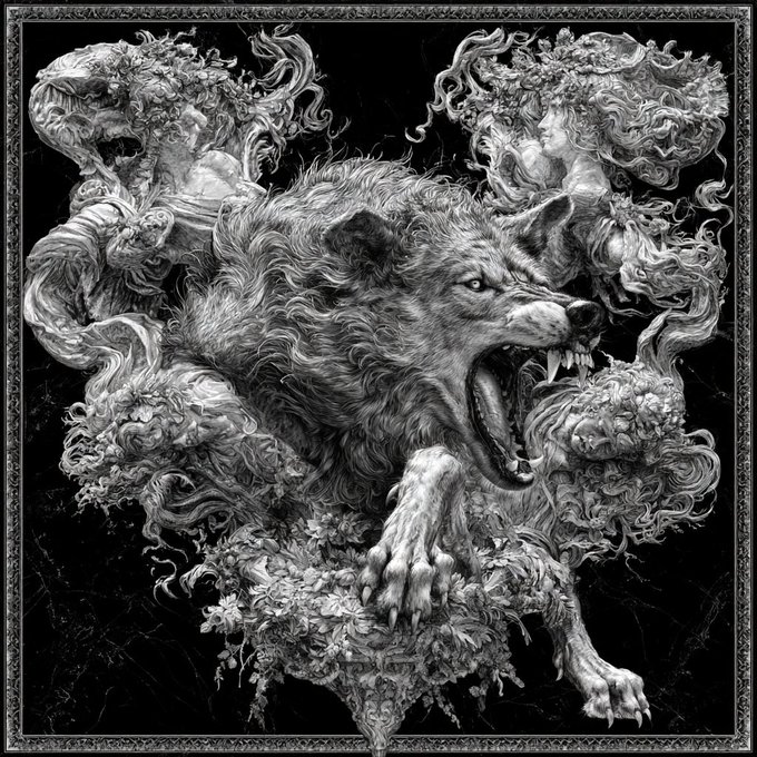 An intricate black-and-white illustration featuring a snarling wolf surrounded by flowing hair, figures, and floral decorative elements in a baroque style.