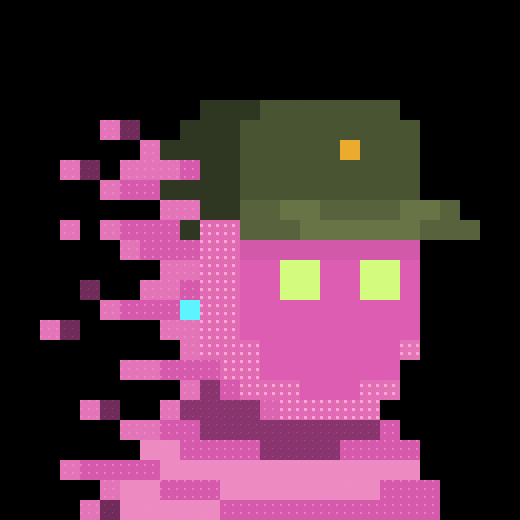 A pixel art character with pink hair dissolving into pink pixels, wearing a green military-style cap with a yellow square emblem.