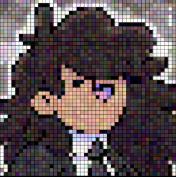 A pixelated/mosaic-style artwork depicts an anime character with dark hair, glasses, and a pink bow.