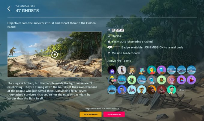 A game mission screen titled 'THE LIGHTHOUSE III - 47 GHOSTS' with the objective to 'Earn the survivors' trust and escort them to the Hidden Island', set in Florida with 200 XP, auto-chattering enabled, and registration ending on July 23.
