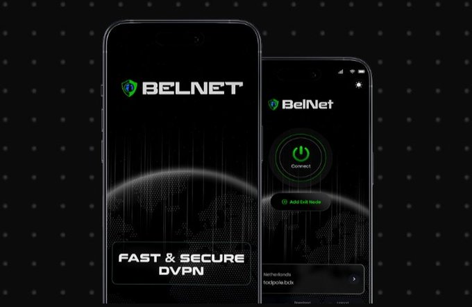 Two smartphones displaying the 'BelNet' app, branded as a 'FAST & SECURE DVPN', featuring a green connect button and an 'Add Exit Node' option against a black background with a globe graphic.