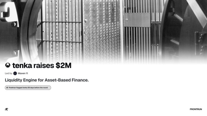 A project announcement page on Frontron titled "tenka raises $2M" with the subtitle "Liquidity Engine for Asset-Based Finance" led by Maven 11, featuring a stylized image of a vault's metal bars in the background.