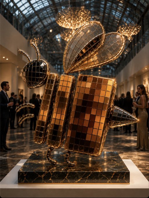 Golden disco/mirrored bee sculpture displayed in an upscale gallery setting with marble floors and chandeliers.