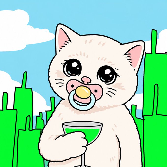 A cute illustrated white kitten with a pacifier holds a martini glass filled with green liquid against a backdrop of green city buildings and a blue sky, visually representing $BABYCASHCAT's desire for the price chart to be green only.
