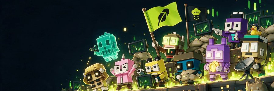 A vibrant illustration featuring a group of blocky, pixel-art robot characters gathered around a green flag with a black symbol, set against a dark background with floating particles.