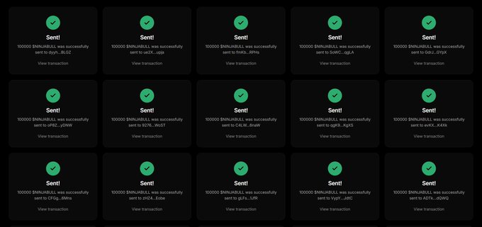 The image displays a grid of 15 transaction confirmation cards, each with a green checkmark and the message "Sent!" confirming that "100000 $NINJABULL was successfully sent" to various Solana wallet addresses (including duYx...8LGZ, qez...ugQA, hKd...bNn, Cu7...D19X, uPBZ...yONW, 9276...W6ST, C4LW...8HnR, cg05...KQrS, evKc...KA5X, CfOg...6M6o, JHfCE...Eb9e, sJTc...LJRt, VypY...Ja8C, and ADTIL...dGWO). This appears to be a promotional screenshot supporting the accompanying airdrop claim post, which advertises that the first 999 wallets to retweet will receive 100,000 $NINJABULL tokens, likely as part of a