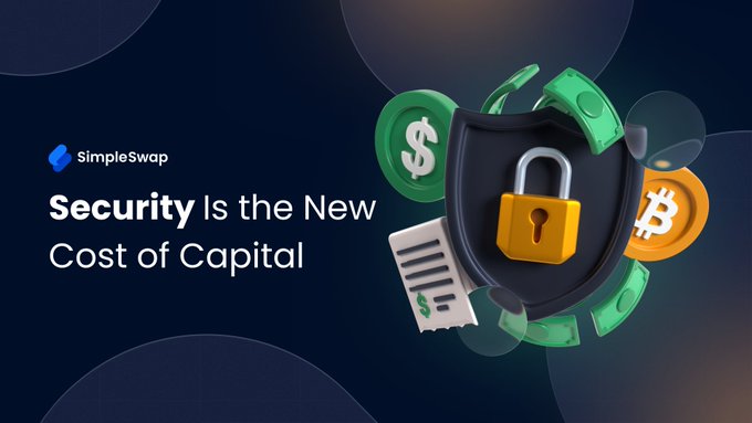 A SimpleSwap promotional graphic titled 'Security Is the New Cost of Capital,' featuring a 3D shield with a padlock, a receipt, and floating dollar and Bitcoin coins.