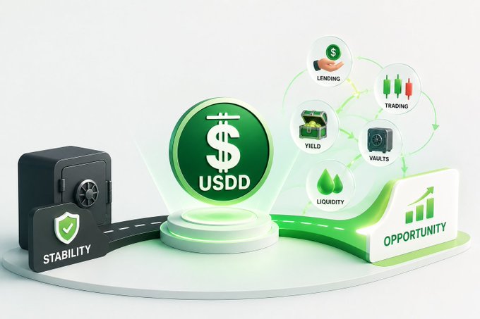 A promotional graphic for USDD cryptocurrency highlighting its features: stability, lending, trading, yield, vaults, liquidity, and opportunity.