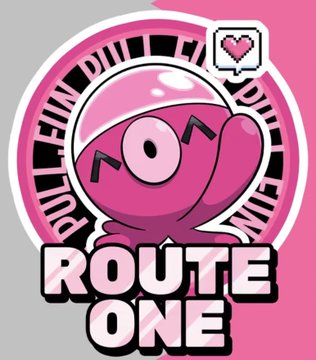 Pink and white cartoon logo featuring an alien-like character wearing a space helmet with the text 'ROUTE ONE' and 'PUBLIC CHAIN' around the border.