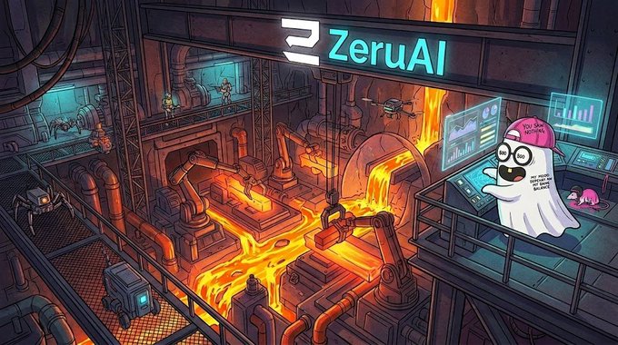 A ghostly octopus mascot wearing a pink cap monitors data dashboards inside an industrial foundry filled with molten metal and robotic arms, beneath a "ZeruAI" sign. It illustrates the post's theme of Zeru Finance's Zaps platform filtering out farming accounts by analyzing wallet behavior before distributing the $50,000 Ditto campaign reward pool.