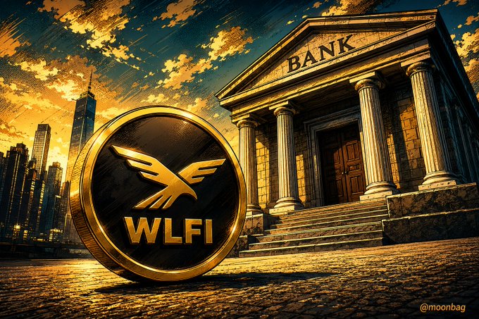 A golden coin embossed with the "WLFI" logo and eagle emblem rests before a stately neoclassical building labeled "BANK," set against a dramatic sunset cityscape—symbolically representing World Liberty Financial's milestone in receiving conditional OCC approval to launch a U.S. national trust bank for its USD1 stablecoin.