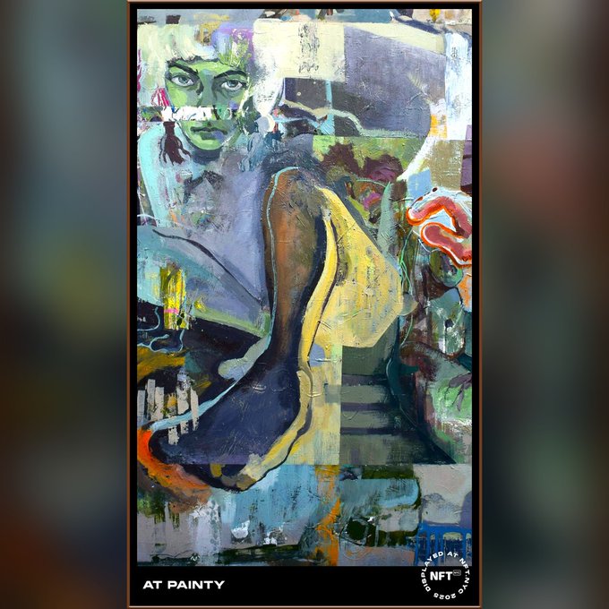 An NFT artwork titled 'AT PAINTY' displayed on the Artano Good Artists NFT platform, featuring an abstract painted figure with greenish skin tones.
