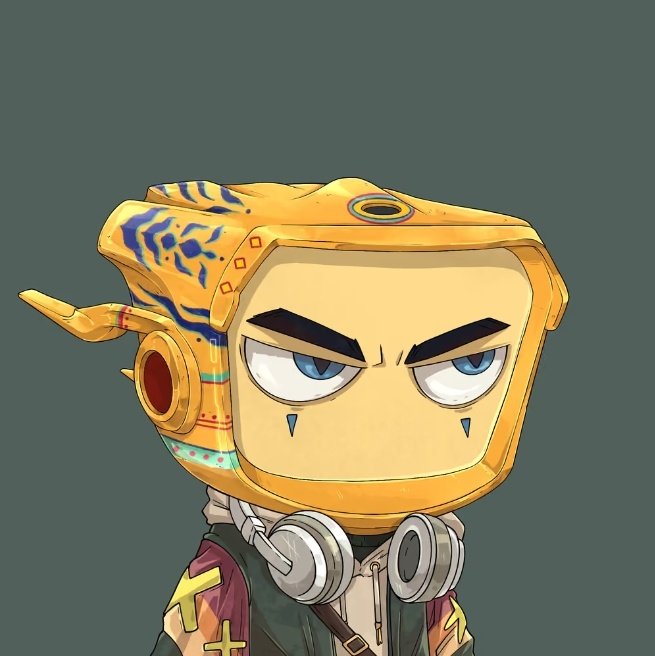 A cartoon-style character with a yellow box-shaped head featuring tribal markings and headphones around his neck displays a confident, smirking expression, appearing to be a personalized NFT avatar reveal that the user is praising in their post.