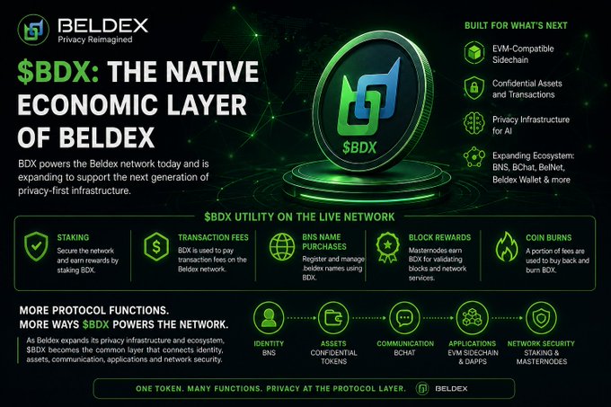 A promotional graphic for 'BELDEX' featuring '$BDX: THE NATIVE ECONOMIC LAYER OF BELDEX' with utility details including staking, transaction fees, BNS name purchases, block rewards, and coin burns.