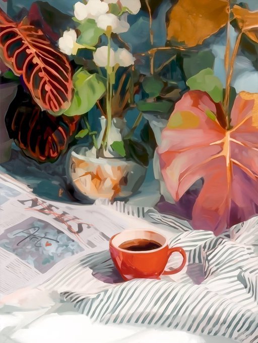 A vibrant still life painting features a red coffee cup resting on a striped cloth and newspaper. Lush green plants, white flowers, and large pink and orange leaves surround the scene.