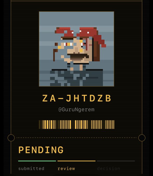 A digital card displays a pixel art character with the username 'ZA-JHTDZB' (@GuruNgerem), a barcode, and a 'PENDING' status with progress indicators for submitted, review, and decision stages.