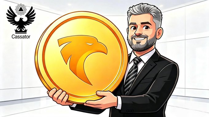 A cartoon-style illustration of a bearded man in a black suit holding a large gold coin featuring an eagle emblem, alongside the 'Cassator' logo with a phoenix design in the upper left corner.