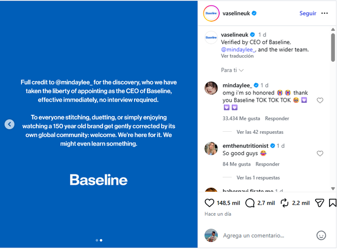 An Instagram post from verified user @vaselineuk reveals that Vaseline has appointed TikToker @mindaylee as CEO of its new sub-brand "Baseline." The image displays the official Baseline announcement in white text on a blue background, crediting the discovery to @mindaylee and referencing a 150-year-old brand.